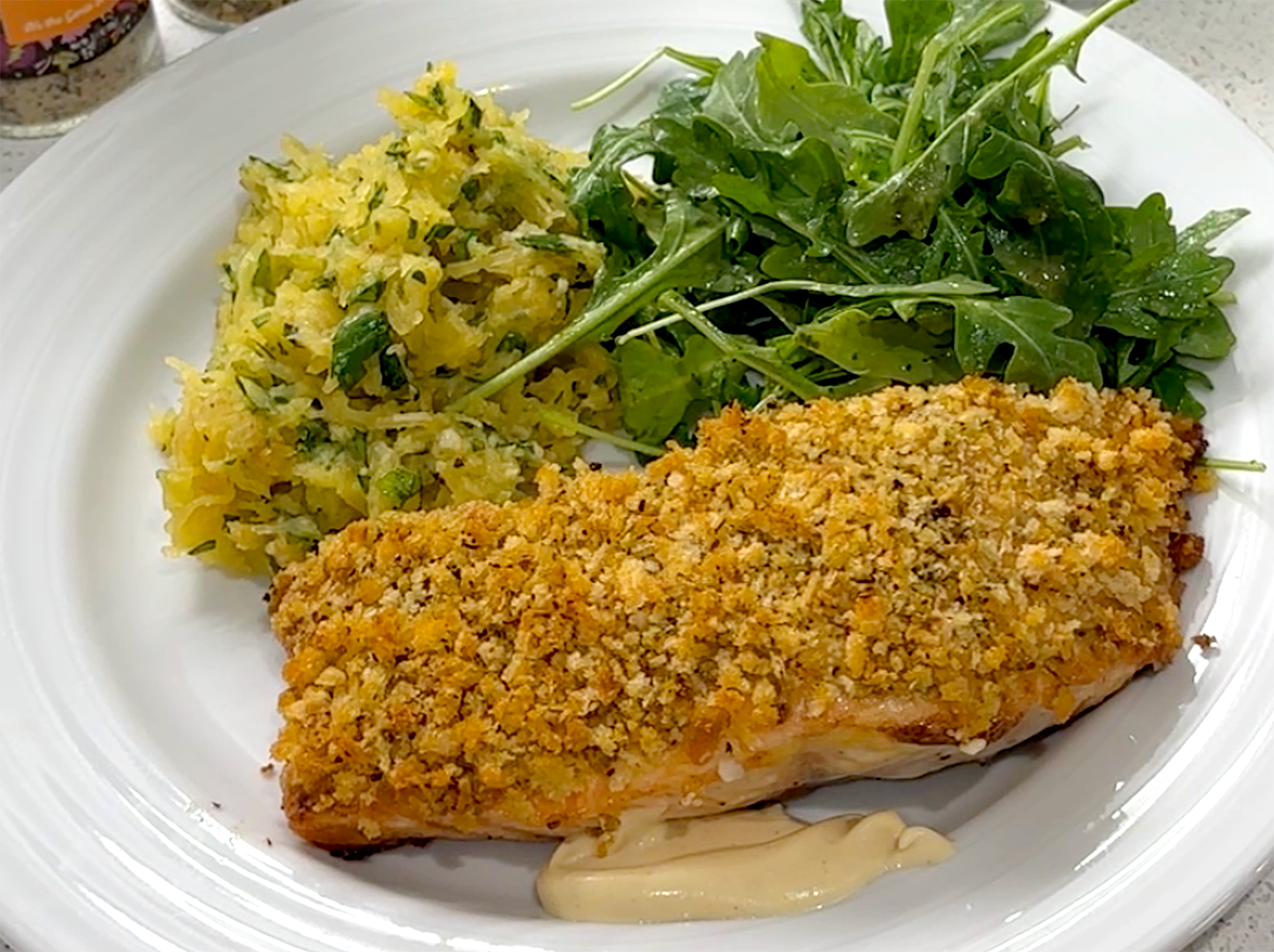 Complete Meal! Dijon-Crusted Salmon with Spaghetti Squash & Arugula
